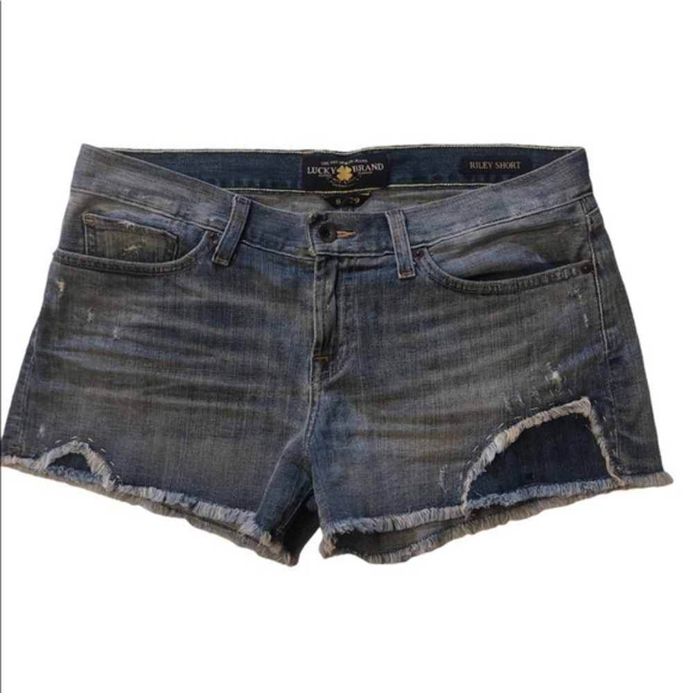 LUCKY BRAND “Riley“ cutoff frayed hem distressed blue jeans shorts 3”